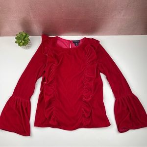 Amaryllis Solid Red Velvet Long Sleeve Ruffle Bell Sleeve Blouse Top Small
